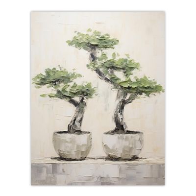 Artery8 Japanese Bonsai Trees In Pots Oil Painting Pallet Knife Neutral Tone Textured Tree Artwork Extra Large XL Wall Art Poster Print