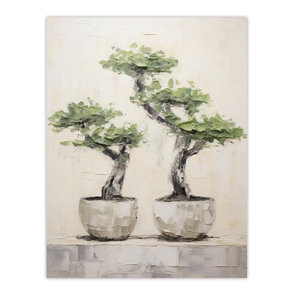 Artery8 Japanese Bonsai Trees In Pots Oil Painting Pallet Knife Neutral Tone Textured Tree Artwork Extra Large XL Wall Art Poster Print