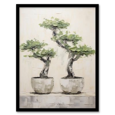 Artery8 Japanese Bonsai Trees In Pots Oil Painting Pallet Knife Neutral Tone Textured Tree Artwork Art Print Framed Poster Wall Decor 12x16 inch