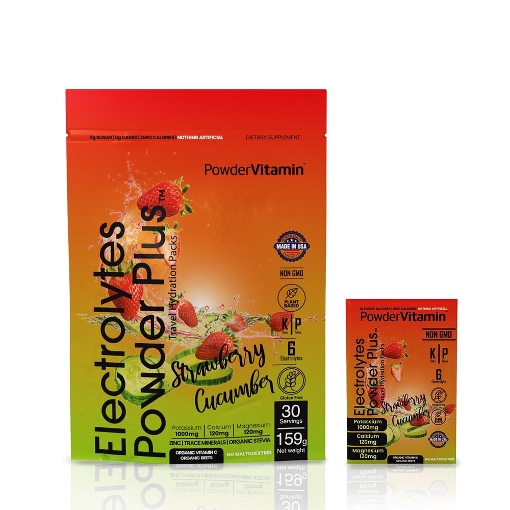 PowerVitamin Electrolytes Powder Packets - Strawberry Cucumber - Keto Electrolytes for Daily Energy - Hydration Powder with 1000mg Potassium, 120mg Magnesium, Zero Calories - 30 Hydration Packets