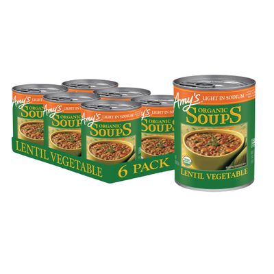 Amys Soup, Vegan Light in Sodium Lentil Vegetable Soup, Gluten Free, Made With Organic Vegetables, Canned Soup, 14.5 Oz (6 Pack)