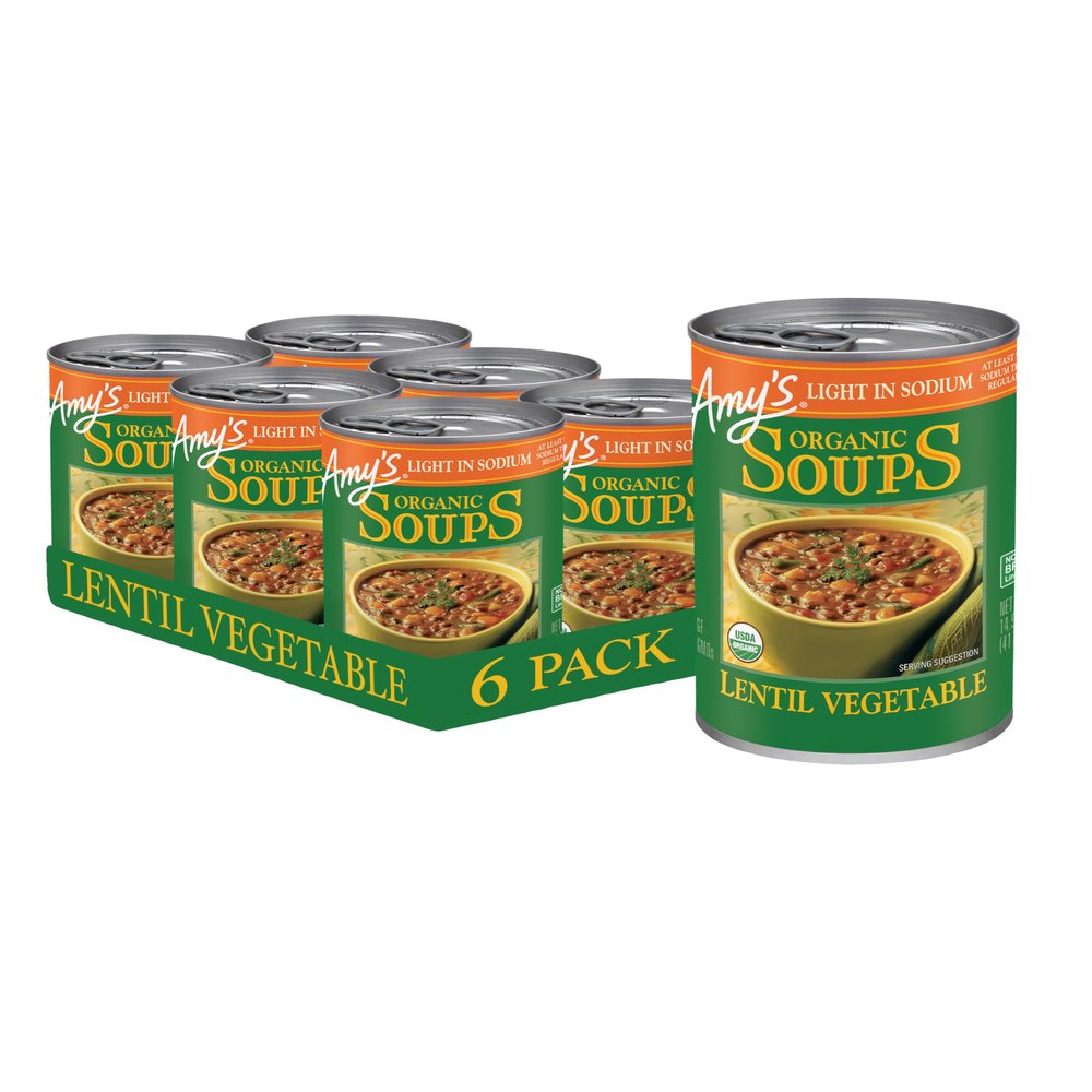 Amys Soup, Vegan Light in Sodium Lentil Vegetable Soup, Gluten Free, Made With Organic Vegetables, Canned Soup, 14.5 Oz (6 Pack)