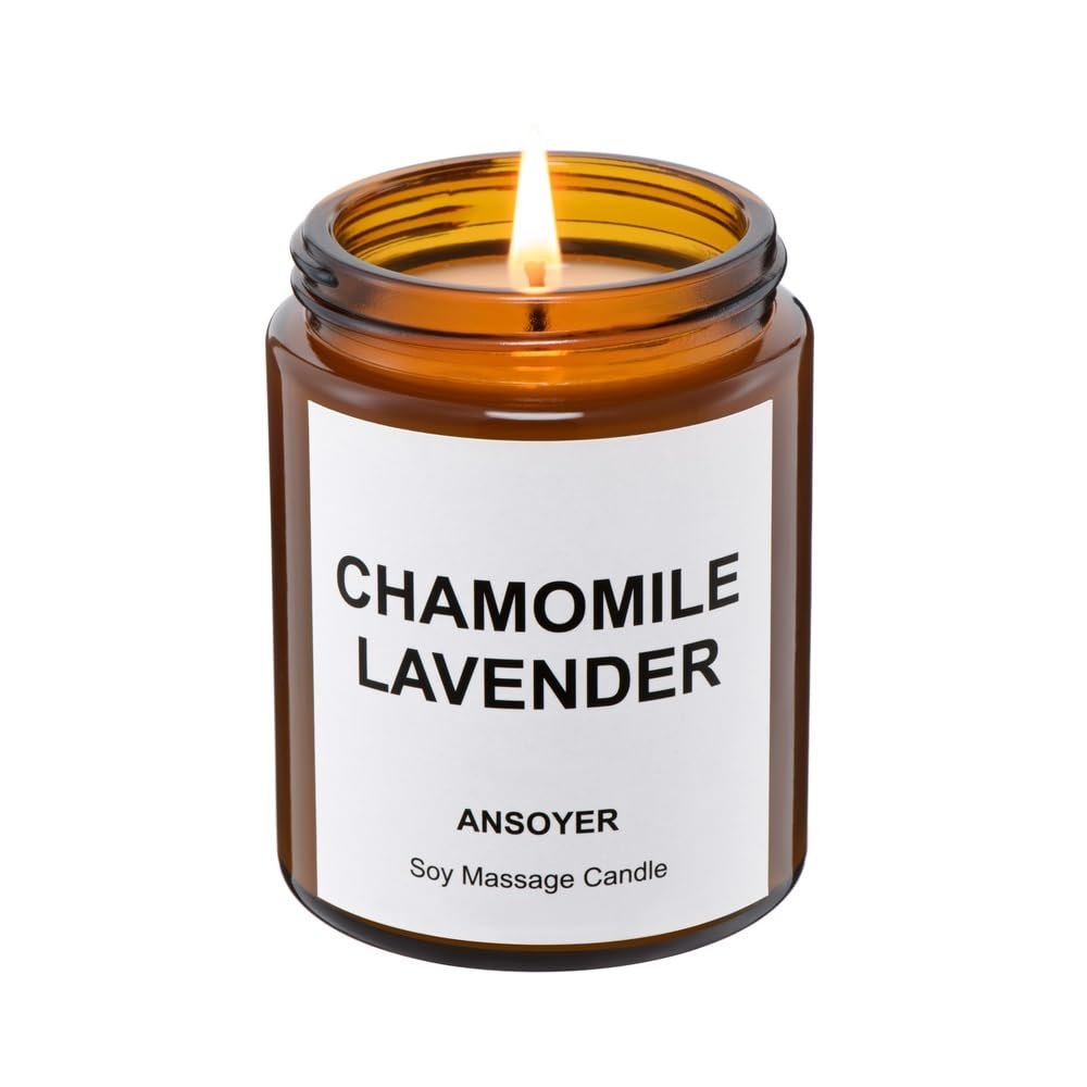 ANSOYER Massage Oil Candle, Romantic Gift SPA Use Home Scented Candle Body Oil, Ultra Hydrating Body Care with Soybean Oil, 4.5oz (Chamomile Lavender)
