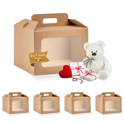 Boxes Craftory Set of 10 Gable Boxes with Carrying Handle - Ideal for Tall Cake and Presents for All Occasions - 9.64" x 9.64" x 7" Havana