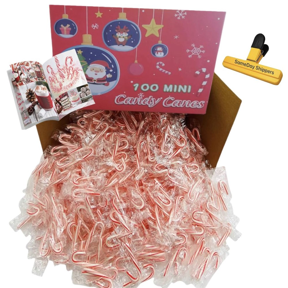 MINI CANDY CANES (100 MINI CANDY CANES) | Mini Candy Canes Red & White Made WITH REAL PEPPERMINT | Holiday Candy for Christmas, Santa Parade, ThanksGiving, Holidays and More | Free Creative Idea Booklet and Branded Bag Clip Included