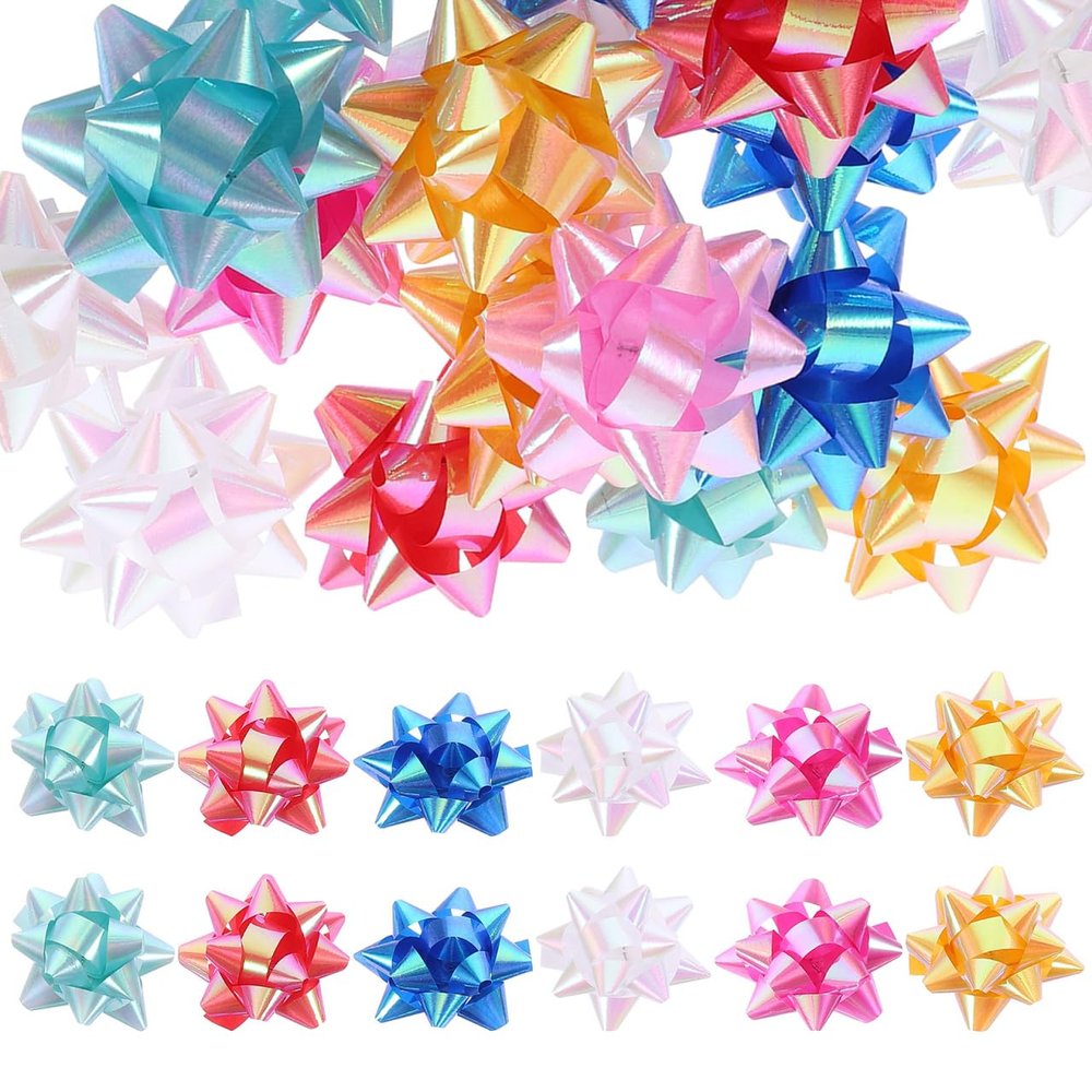 70pcs Christmas Pull Bows 2 Inch Star Ribbon Bows Present Pull Bow Wrapping Basket Bag Bows for Xmas Birthday Anniversary Party Supplies (Mixed Color)