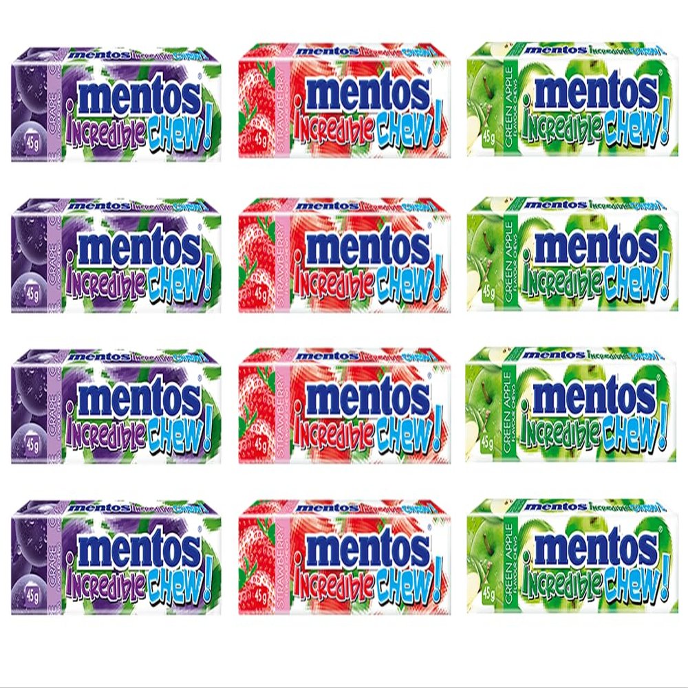 12 Incredible chew candy - variety party pack chewy fruity flavor, each unit 1.6 ounce (4 strawberry, 4 grape, 4 green apple)