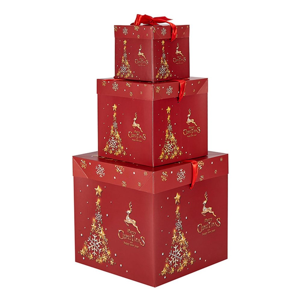 3 Pcs Christmas Stackable Gift Boxes Set with Lids Christmas Decorative Stacking Boxes Nesting Boxes Xmas Boxes for Gifts Christmas Thanksgiving New Year Wrapping Presents and Decorations (Red)
