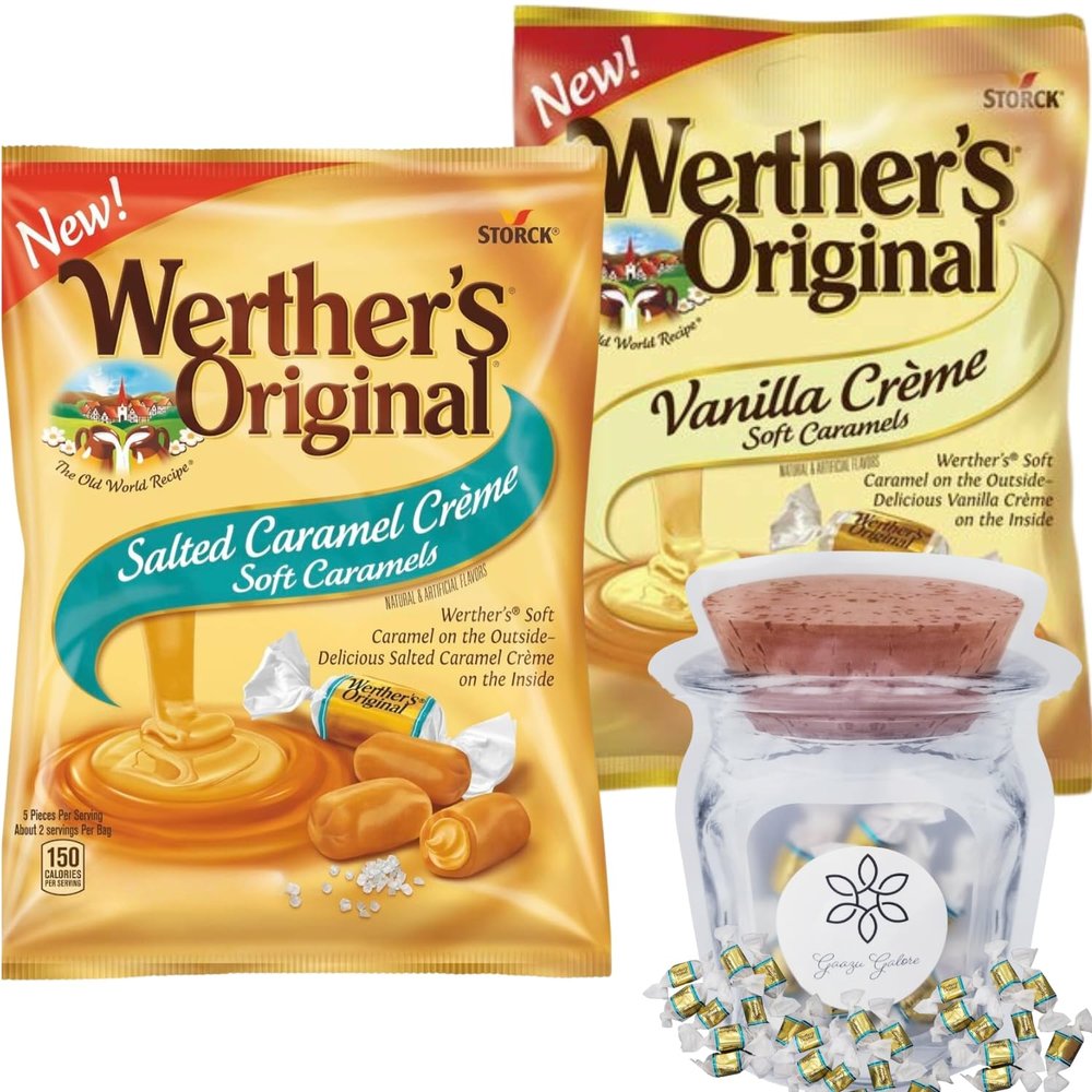 Werther's Original Salted Caramel Creme and Vanilla Creme Soft Caramels, Individually Wrapped Chewy Soft Center Candy, Pack of 2 with Reusable Food Storage Bag