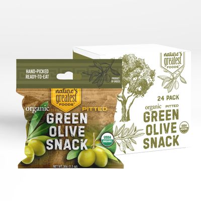 Organic Green Pitted Olive Snack by Natures Greatest Foods  1.1 Oz  Ready to Eat, Freshly Seasoned, Low Calorie & Nutritious, Gluten Free, Kosher, Product of Greece (Pack of 24)