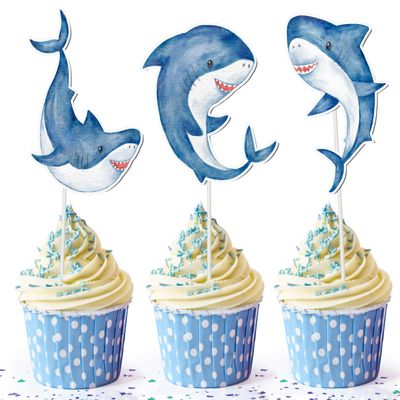 10 Pcs Shark Cupcake Toppers for Under the Sea Birthday, Baby Shower, and Ocean Theme Party Decorations Cute Shark and Seaweed Cupcake Picks for Kids, Cakes, and Dessert Table Supplies