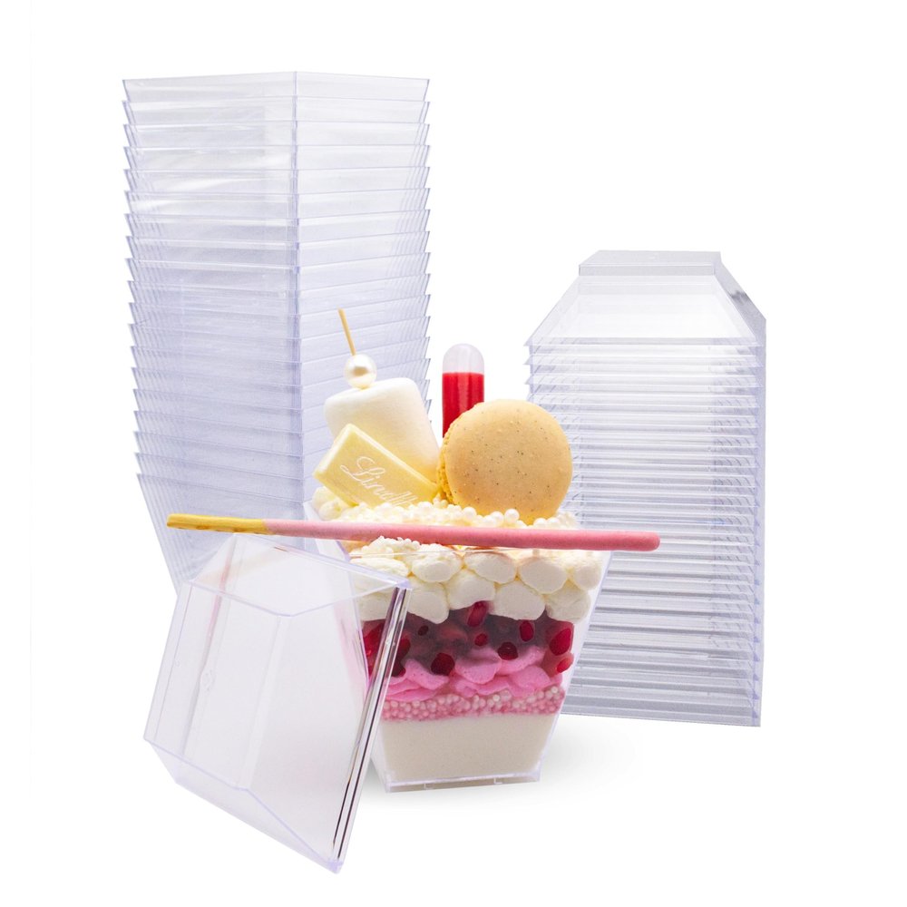 20 Pack Small 8oz Plastic Dessert Cups with Lids | Pyramid Shaped Professional-Grade Dessert Cups | Recyclable or Disposable Party Cups Small Serving Cups with Lids | CMJJ Gourmet