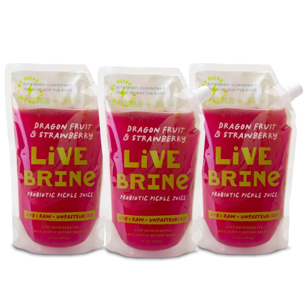 Olive My Pickle Probiotic Pickle Juice - 58.5 Ounces | 3 Pack of LiveBrine Dragonfruit & Strawberry Pickle Juice with Natural Probiotics and Digestive Enzymes for Gut Health - 39 Pickle Shots
