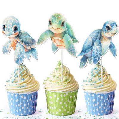 10 Pcs Sea Turtle Cupcake Toppers for Kids Birthday, Baby Shower, and Under the Sea Party Ocean Animal Decorations for Cupcakes, Cakes, and Beach or Pool Party Supplies