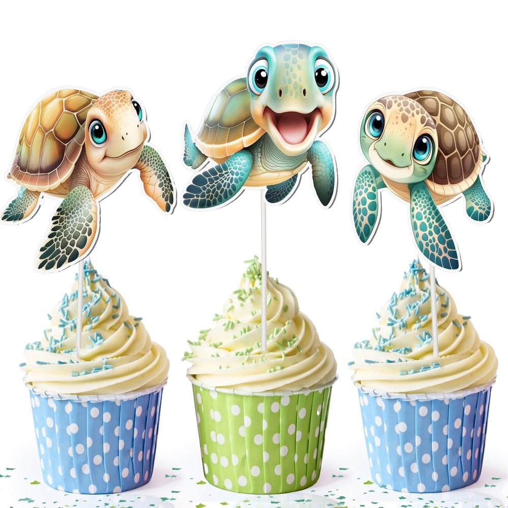 10 PCS Sea Turtle Cupcake Toppers for Under the Sea Birthday, Baby Shower, and Ocean Theme Party Decorations  Cute Turtle Cupcake Picks for Kids, Cakes, and Dessert Table Supplies