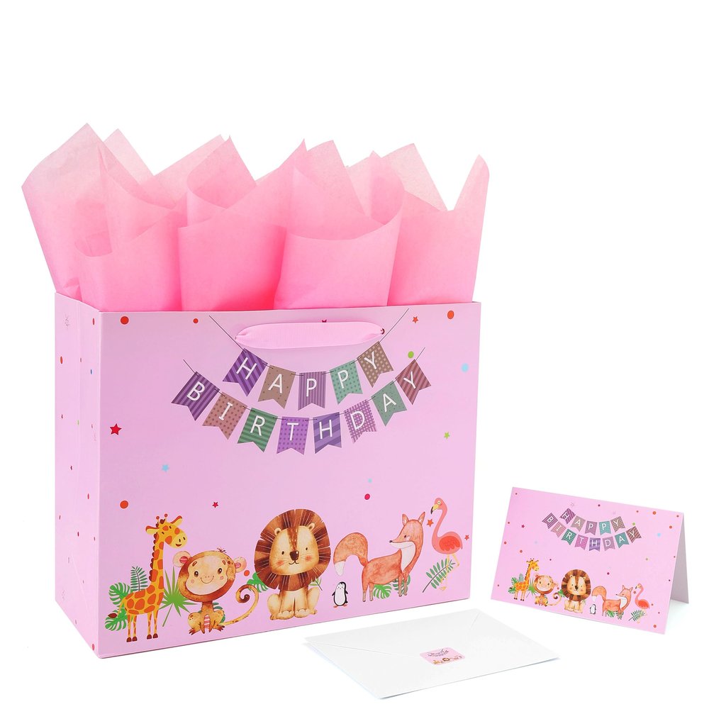 13" Large Pink Gift Bag Set with Greeting Card and Tissue Papers (Animal and Happy Birthday) for Girls', or Kids' Party, Baby Showers, Baby Girls, Newborn, New Moms or Parents- 13x5.2x10.2, 1 Pcs