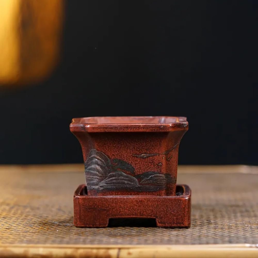 YTDJJWLS Ceramic Square Bonsai Flower Pot Handmade Collection with Pallet