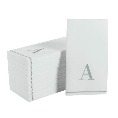 Luxe Party 56 Pack Monogram Napkins, Letter A Initial, Disposable, Premium Airlaid, Linen Feel, Decorative Table Setting, Guest Towel Napkin, White and Silver