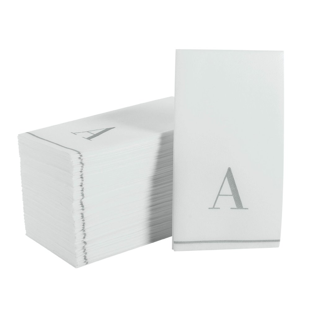 Luxe Party 56 Pack Monogram Napkins, Letter A Initial, Disposable, Premium Airlaid, Linen Feel, Decorative Table Setting, Guest Towel Napkin, White and Silver