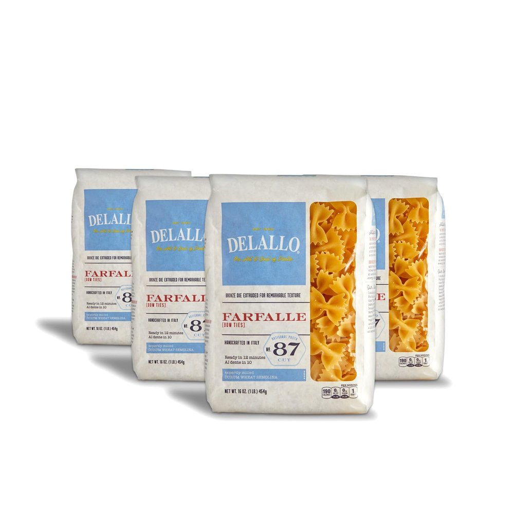 DeLallo Farfalle Pasta, Bow-Tie Shape, Made in Italy, Bronze Cut, Made with Only 100% Durum Wheat Semolina Flour, All Natural, Non-GMO, Kosher, Vegna, 1 Pound Bag, (4 Pack)