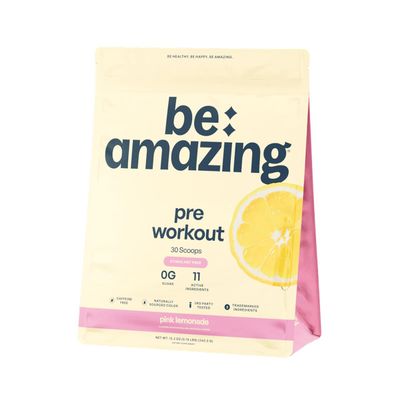 BE AMAZING Caffeine Free Pre Workout Powder, Vegan Supplement with Ashwagandha & Adaptogens for Night Workouts, Sugar Free Drink Mix for Men & Women, Gluten Free, Pink Lemonade, 30 Servings