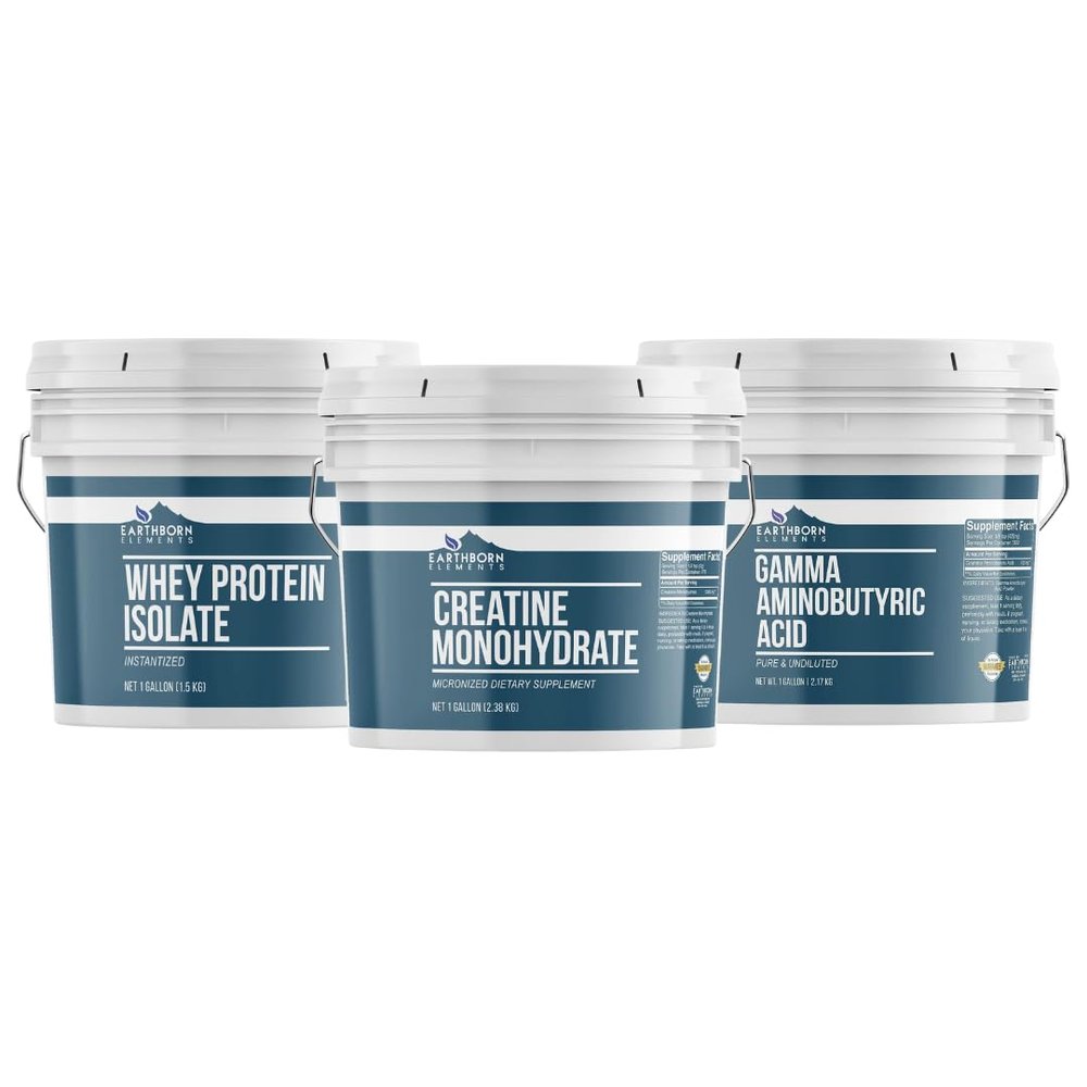 Earthborn Elements Creatine Monohydrate Powder, GABA, & Whey Protein Isolate Bundle, 1 Gallon Buckets, No Additives