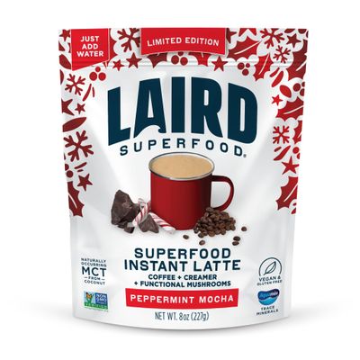 Laird Superfood Peppermint Mocha Instant Latte with Adaptogens  Antioxidants and Superfood Coconut Creamer  Boost of Functional Fuel  Gluten Free, Non-GMO, Vegan, 8 oz. Bag, Pack of 1