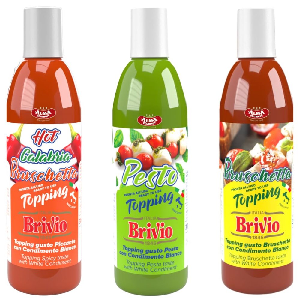 Alma Gourmet x Brivio Italian Dressing Sauce - Ready To Use Pesto, Bruschetta and Hot Calabria Bruschetta Topping Sauce With Concentrated Grape Must - Ideal To Top Bruschetta, Salads, Sandwiches, Pizza, Meat and Fish - 10.6oz (300g) Each - Combo of 3