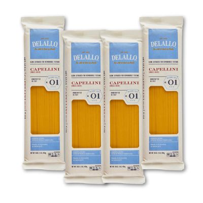 DeLallo Capellini Pasta, Angel Hair, Made in Italy, Bronze Cut, Made with Only 100% Durum Wheat Semolina Flour, Non-GMO, Kosher, Vegan, 1 Pound Bag, (4 Pack)