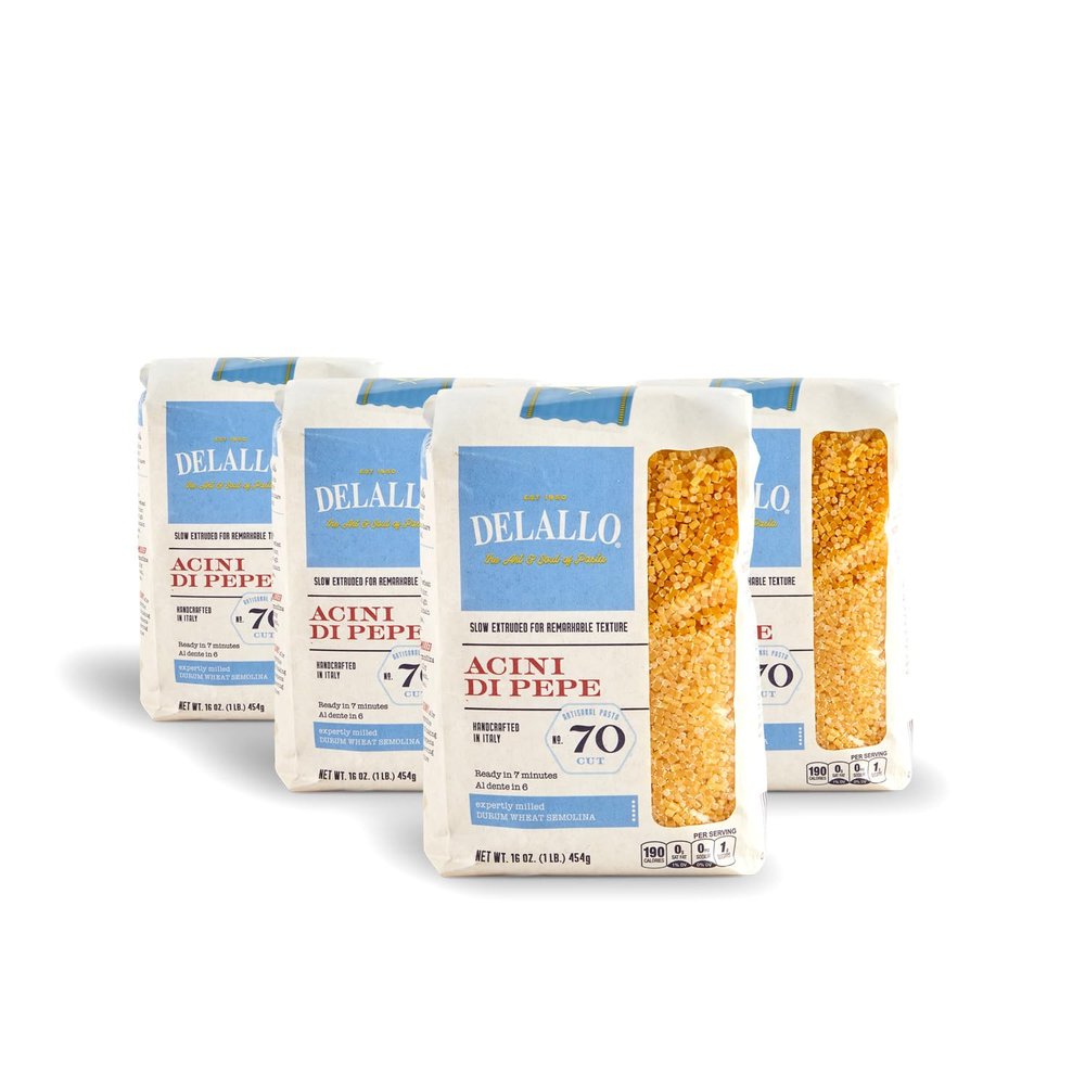 DeLallo Acini di Pepe Pasta, Pastina Pasta Made in Italy, Made with Only 100% Durum Wheat Semolina Flour, Non-Enriched, All Natural, Bronze Cut, Kosher, Non-GMO, 1 Pound Bag, (4 Pack)