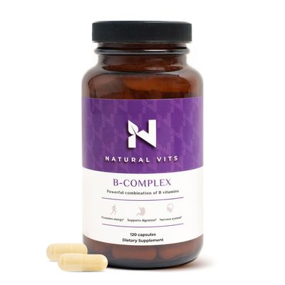 NATURAL VITS B Complex for Skin, Digestion and Brain Health, B Vitamins Supplement, Gluten-Free, Dairy-Free, Non-GMO, 120 Capsules