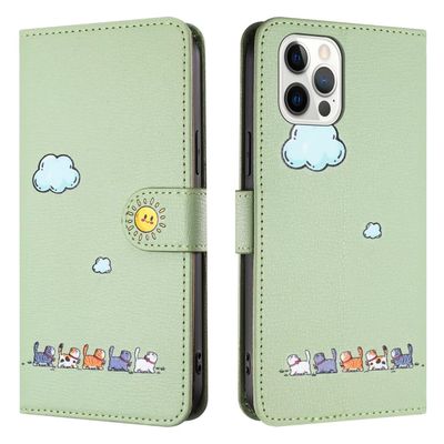 Rnrieyta Miagon for iPhone 15 Pro Max Case,Cover Cartoon Animal Cloud Cat Cute Pattern Folding Stand PU Leather Wallet Flip Cover Protective Case with Card Slots,Green