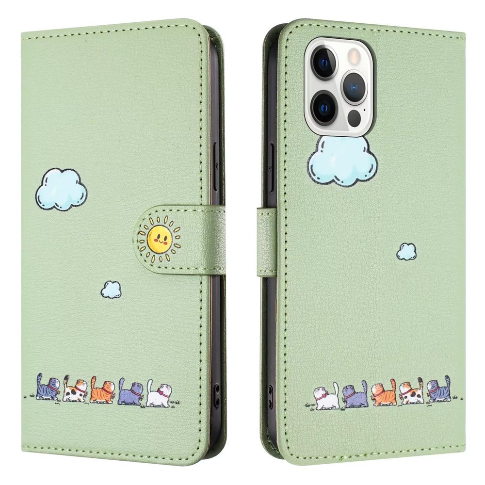Rnrieyta Miagon for iPhone 15 Pro Max Case,Cover Cartoon Animal Cloud Cat Cute Pattern Folding Stand PU Leather Wallet Flip Cover Protective Case with Card Slots,Green