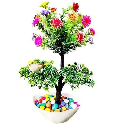 Artificial Bonsai with Pot Flowers Bird & Stones(IndoorPlants)(Artificial Bonsai), Artificial Bonsai