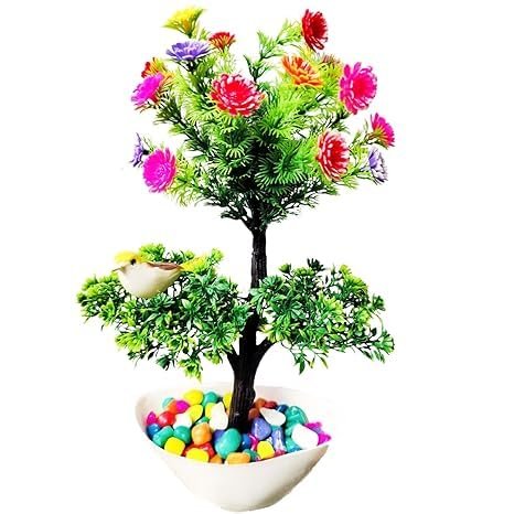 Artificial Bonsai with Pot Flowers Bird & Stones(IndoorPlants)(Artificial Bonsai), Artificial Bonsai