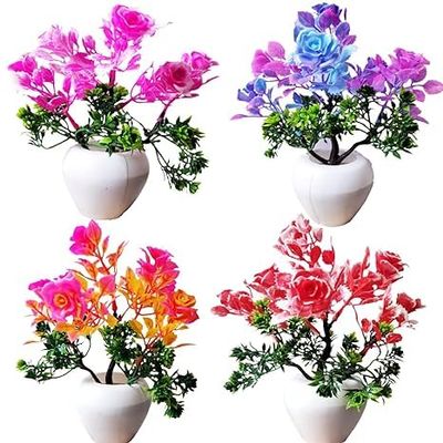 Artificial Bonsai Rose Flowers (Set of 4 Piece)(IndoorPlants)(Artificial Bonsai), Artificial Bonsai