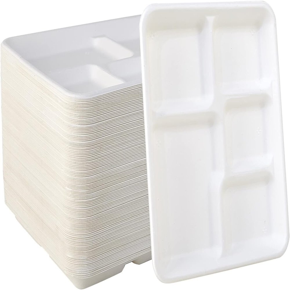 100 Pack - 100% Non Plastics 5 Compartment Paper Plates, Disposable School Lunch Trays, Eco-Friendly Bagasse Plates for School Lunch, Buffet, and Party