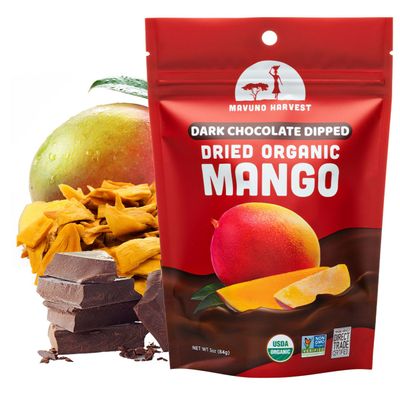 Mavuno Harvest Organic Chocolate Covered Mango - Organic Dried Mango Dipped in Dark Chocolate - Non GMO, Fair Trade, No Preservatives & Vegan Chocolate Treats - Healthy Chocolate Snacks - 1 lb Bag
