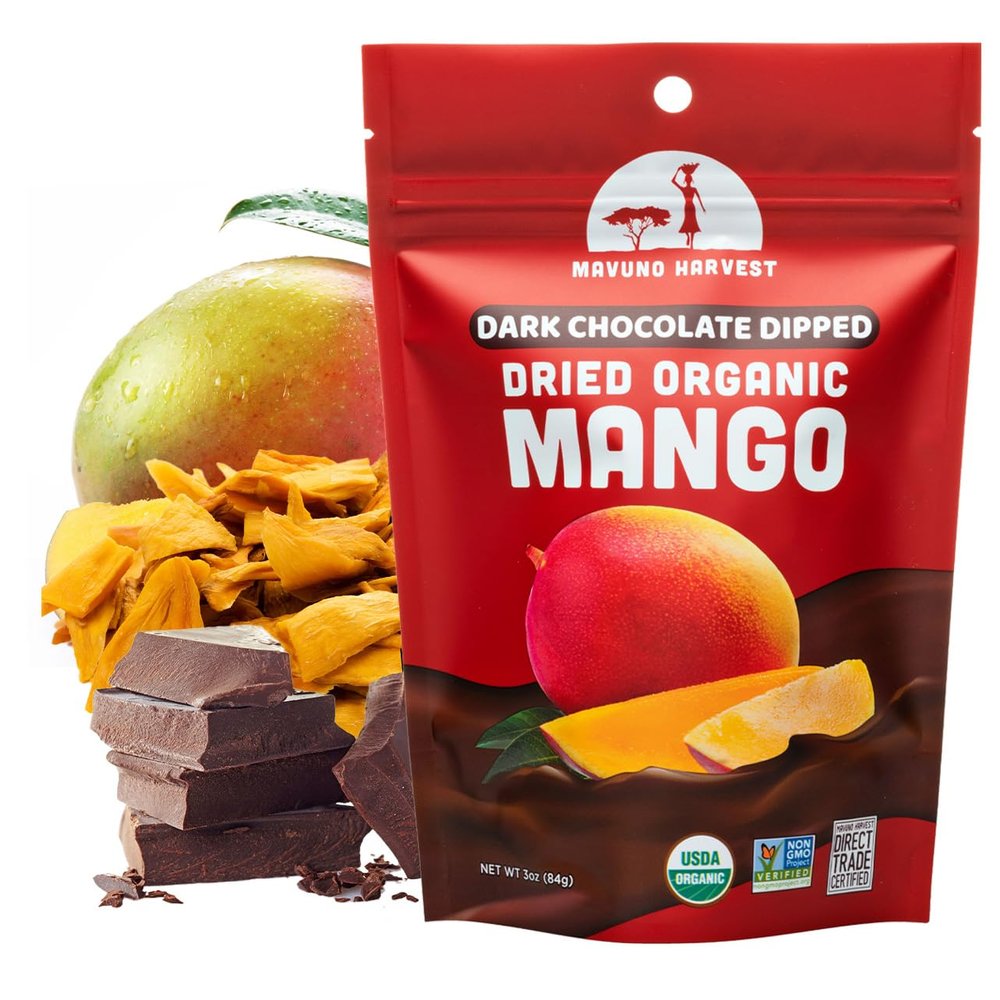 Mavuno Harvest Organic Chocolate Covered Mango - Organic Dried Mango Dipped in Dark Chocolate - Non GMO, Fair Trade, No Preservatives & Vegan Chocolate Treats - Healthy Chocolate Snacks - 1 lb Bag