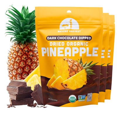 Mavuno Harvest Organic Chocolate Covered Pineapple - Organic Dried Pineapple Dipped in Dark Chocolate - Non GMO, Fair Trade & Vegan Chocolate Treat - Healthy Chocolate Snacks - 3 x 3 Ounces