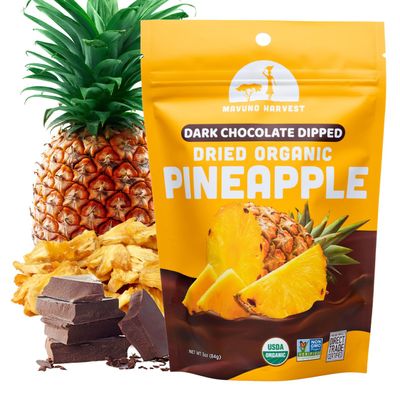 Mavuno Harvest Organic Chocolate Covered Pineapple - Organic Dried Pineapple Dipped in Dark Chocolate - Non GMO, Fair Trade & Vegan Chocolate Treat - Healthy Chocolate Snacks - 1lb Bag