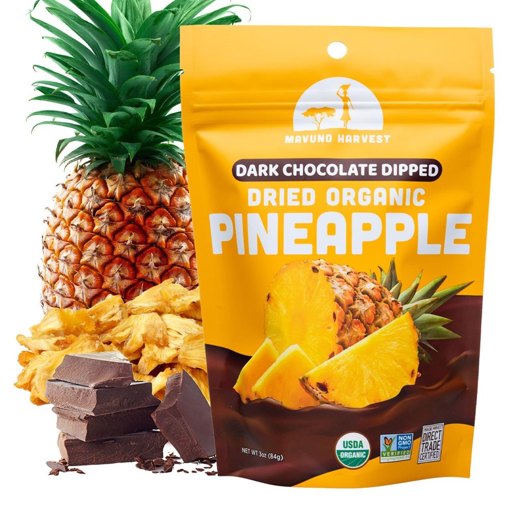 Mavuno Harvest Organic Chocolate Covered Pineapple - Organic Dried Pineapple Dipped in Dark Chocolate - Non GMO, Fair Trade & Vegan Chocolate Treat - Healthy Chocolate Snacks - 1lb Bag