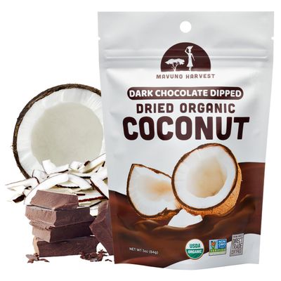 Mavuno Harvest Organic Chocolate Covered Coconut - Organic Dried Coconut Dipped in Dark Chocolate - Non GMO, Preservative Free, Fair Trade & Vegan Chocolate Treats - Healthy Chocolate Snacks - 1lb Bag