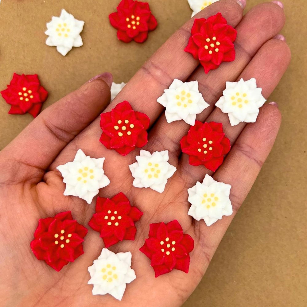 12 Mini Icing Poinsettias by Simply Sucr | Royal Icing Christmas Flower Decorations | Edible Holiday Cupcake Toppers (Red/White, 36 Flowers)