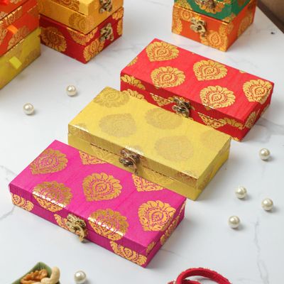 Desi Favors Motif Design Raw Silk Box - Brocade Fabric Favor Boxes for Jewelry Shagun Return Gifts - Birthday & Holiday Gifts Box - Yellow & Orange - 4x8 Inch (Pack of 4)