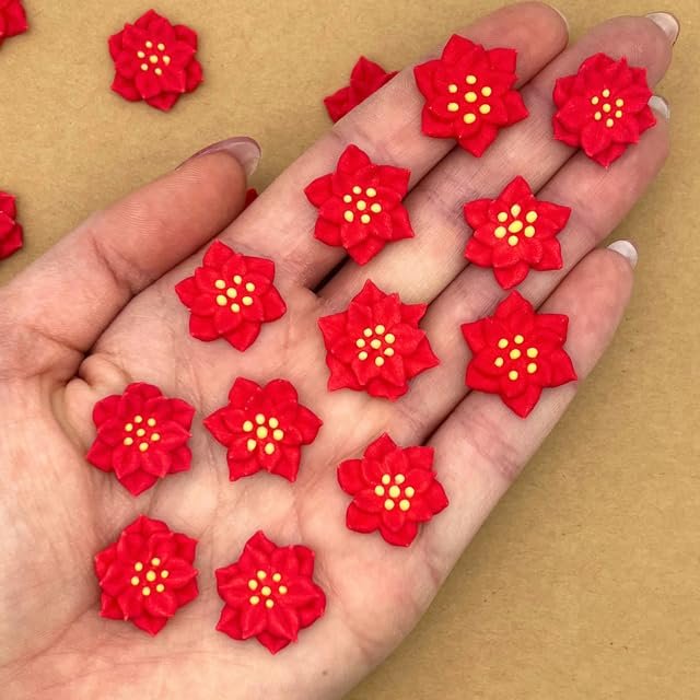 12 Mini Icing Poinsettias by Simply Sucr | Royal Icing Christmas Flower Decorations | Edible Holiday Cupcake Toppers (All Red, 36 Flowers)