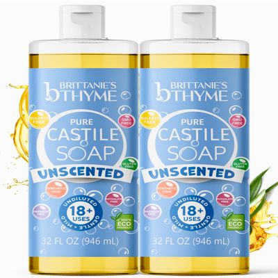 Brittanies Pure Castile Liquid Soap Refill, Unscented, 32 Ounce Pack of 2 | Dish Soap, Hair & Body, Home, Gentle and Pure, Made with Natural Luxurious Oils, Vegan & Gluten Free Non-GMO