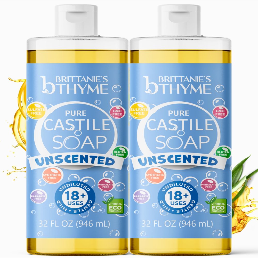 Brittanies Pure Castile Liquid Soap Refill, Unscented, 32 Ounce Pack of 2 | Dish Soap, Hair & Body, Home, Gentle and Pure, Made with Natural Luxurious Oils, Vegan & Gluten Free Non-GMO