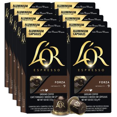 L'OR Espresso Capsules, 100 Count Forza, Single-Serve Aluminum Coffee Capsules Compatible with the L'OR BARISTA System & *Nespresso Original Machines