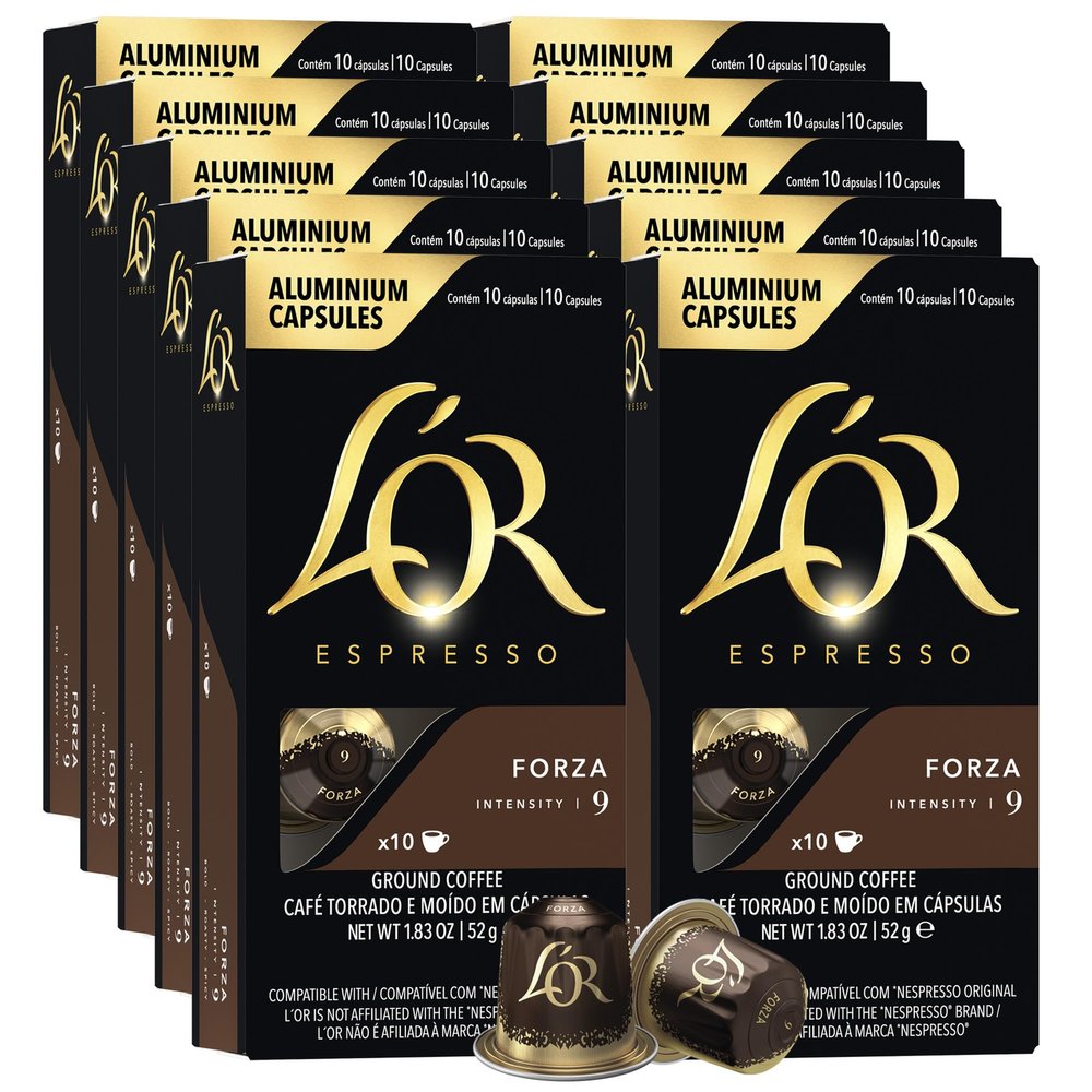 L'OR Espresso Capsules, 100 Count Forza, Single-Serve Aluminum Coffee Capsules Compatible with the L'OR BARISTA System & *Nespresso Original Machines